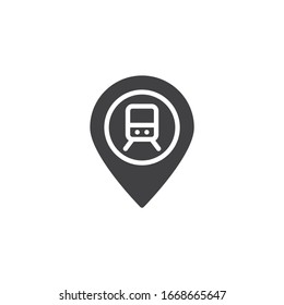 Journey on train vector icon. Railway station location pin filled flat sign for mobile concept and web design. Map marker with train glyph icon. Symbol, logo illustration. Vector graphics
