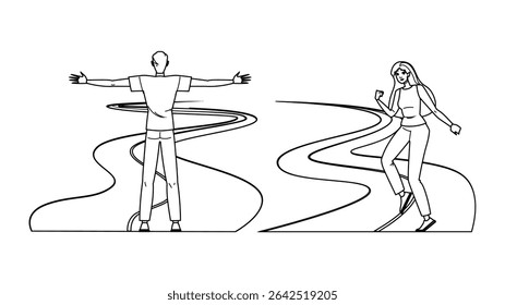 journey open road freedom vector. exploration wanderlust, escape liberation, serenity solitude journey open road freedom character. people black line pencil drawing illustration