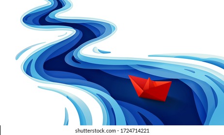 The journey of the origami red paper boat on winding blue river, Paper art and digital craft style, Vector illustration