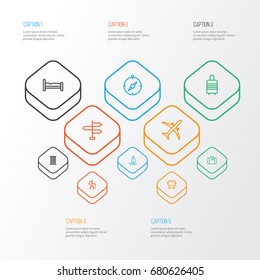 Journey Outline Icons Set. Collection Of Building, Traveler, Suitcase And Other Elements. Also Includes Symbols Such As Plane, Valise, Hotel.