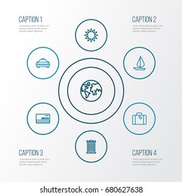 Journey Outline Icons Set. Collection Of Taxi, Earth, Credit And Other Elements. Also Includes Symbols Such As Suitcase, Sun, Earth.