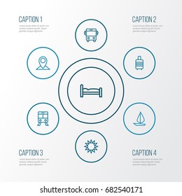 Journey Outline Icons Set. Collection Of Ship, Tram, Auto And Other Elements. Also Includes Symbols Such As Valise, Sunny, Front.