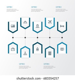 Journey Outline Icons Set. Collection Of Video, Certificate, Hill And Other Elements. Also Includes Symbols Such As Payment, Shed, Tent.
