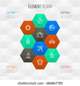 Journey Outline Icons Set. Collection Of Plane, Auto, Earth And Other Elements. Also Includes Symbols Such As Compass, Car, Valise.