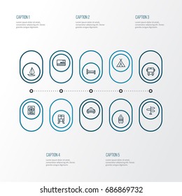 Journey Outline Icons Set. Collection Of Ship, Credit, Direction And Other Elements. Also Includes Symbols Such As Front, Credit, Canopy.
