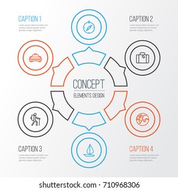 Journey Outline Icons Set. Collection Of Luggage, Ship, Arrows And Other Elements. Also Includes Symbols Such As Taxi, Taxicab, Navigate.