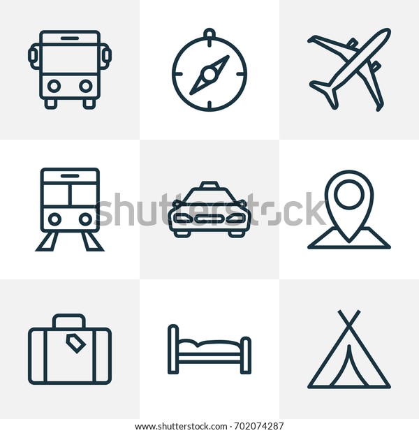 Journey Outline Icons Set. Collection Of Canopy,\
Plane, Auto And Other Elements. Also Includes Symbols Such As Shed,\
Bus, Taxicab.
