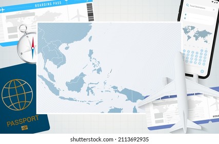 Journey to Palau, illustration with a map of Palau. Background with airplane, cell phone, passport, compass and tickets. Vector mockup.