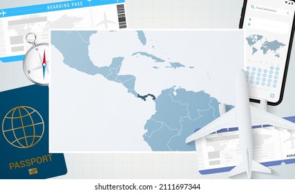 Journey to Panama, illustration with a map of Panama. Background with airplane, cell phone, passport, compass and tickets. Vector mockup.