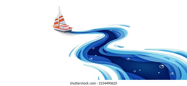Journey of the paper sailboat in the winding blue sea, Paper art and digital craft style background, Vector illustration
