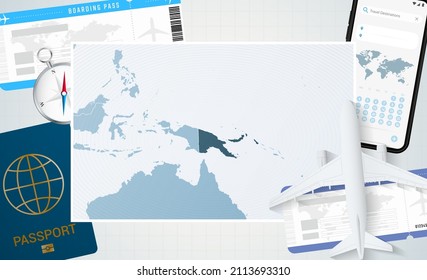 Journey to Papua New Guinea, illustration with a map of Papua New Guinea. Background with airplane, cell phone, passport, compass and tickets. Vector mockup.