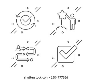 Journey Path, Approved And Star Line Icons Set. Checkbox Sign. Project Process, Refresh Symbol, Launch Rating. Approved Tick. Business Set. Line Journey Path Outline Icon. Vector