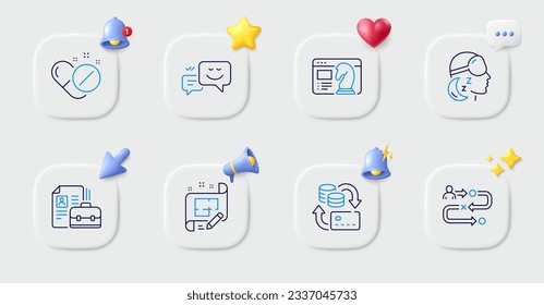 Journey path, Architect plan and Vacancy line icons. Buttons with 3d bell, chat speech, cursor. Pack of Seo strategy, Insomnia, Money change icon. Happy emotion, Medical pills pictogram. Vector