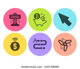 Journey path, Bitcoin coin and Contactless payment icons simple set. Mouse cursor, Attraction and Wind energy signs. Project process, Piggy bank. Technology set. Flat journey path icon. Circle button