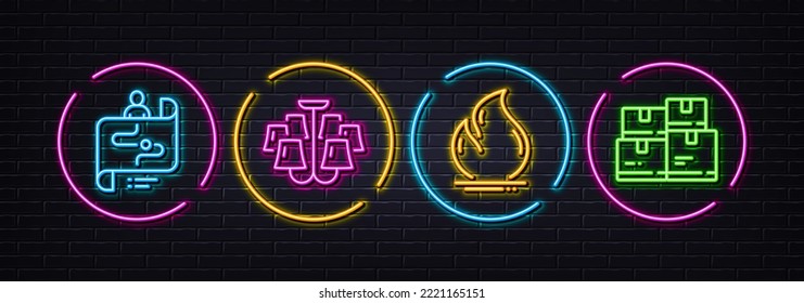 Journey Path, Chandelier And Fire Energy Minimal Line Icons. Neon Laser 3d Lights. Wholesale Inventory Icons. For Web, Application, Printing. Project Process, Ceiling Light, Heating. Vector