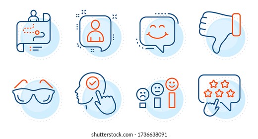 Journey path, Customer satisfaction and Select user signs. Eyeglasses, Smile chat and Developers chat line icons set. Dislike hand, Ranking star symbols. Optometry, Happy face. People set. Vector