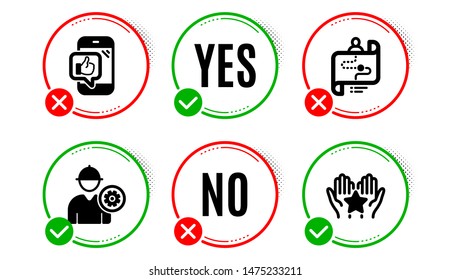 Journey path, Engineer and Mobile like icons simple set. Yes no check box. Ranking sign. Project process, Worker with cogwheel, Phone thumbs up. Hold star. People set. Journey path icon. Vector