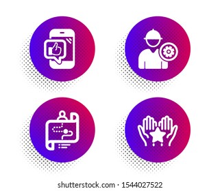 Journey path, Engineer and Mobile like icons simple set. Halftone dots button. Ranking sign. Project process, Worker with cogwheel, Phone thumbs up. Hold star. People set. Vector