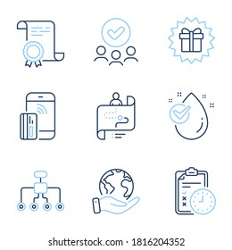 Journey path, Exam time and Contactless payment line icons set. Diploma certificate, save planet, group of people. Water drop, Restructuring and Surprise gift signs. Vector