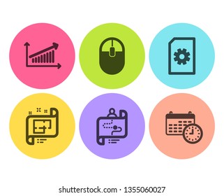 Journey path, File management and Chart icons simple set. Architectural plan, Computer mouse and Calendar signs. Project process, Doc with cogwheel. Technology set. Flat journey path icon. Vector