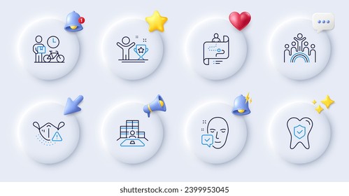 Journey path, Medical mask and Inclusion line icons. Buttons with 3d bell, chat speech, cursor. Pack of Winner cup, Dental insurance, Face accepted icon. Bike courier, Inventory pictogram. Vector