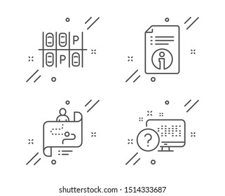 Journey path, Parking place and Technical info line icons set. Online quiz sign. Project process, Transport, Documentation. Web support. Technology set. Line journey path outline icon. Vector