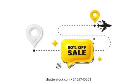 Journey path position 3d pin. Sale 50 percent off discount. Promotion price offer sign. Retail badge symbol. Sale message. Chat speech bubble, place banner. Yellow text box. Vector