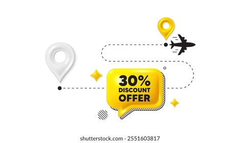 Pino 3D da posição do trajeto. etiqueta de desconto de 30%. Sinal de preço de oferta de venda. Símbolo de oferta especial. Mensagem de desconto. Balão de conversação, colocar faixa. Caixa de texto amarela. Vetor