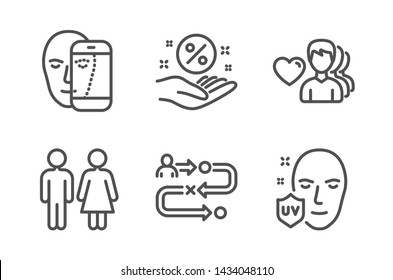Journey path, Restroom and Man love icons simple set. Loan percent, Face biometrics and Uv protection signs. Project process, Wc toilet. People set. Line journey path icon. Editable stroke. Vector