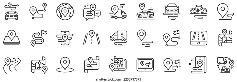 Journey path, Route map and Trip distance. Road map line icons. GPS street pin, Car route and Distance flag icons. Road trip, highway traffic and journey travel map. Navigation target pointer. Vector