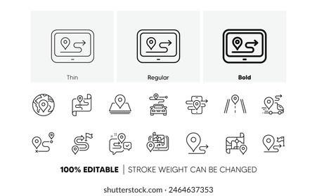 Trayectoria, mapa de ruta y distancia del viaje. Iconos de línea de mapa de carreteras. Iconos GPS de la bandera de la calle, ruta del coche y distancia. Viaje por carretera, tráfico de la autopista y mapa de viaje. Puntero de destino de navegación. Vector