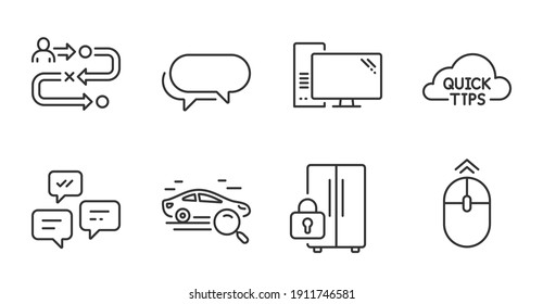 Journey path, Search car and Quick tips line icons set. Messenger, Computer and Refrigerator signs. Swipe up, Chat messages symbols. Project process, Find transport, Helpful tricks. Vector