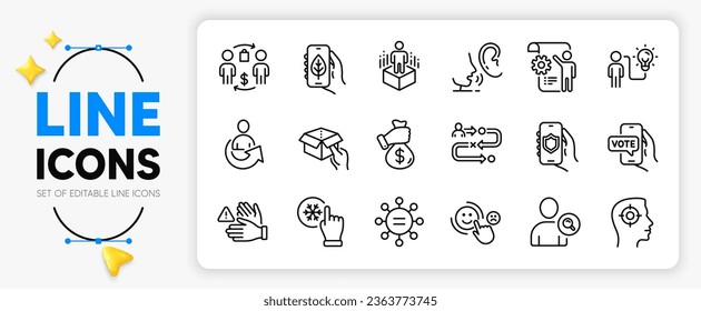 Journey path, Security app and Bribe line icons set for app include Hold box, Find user, Whisper outline thin icon. Settings blueprint, Ethics, Online voting pictogram icon. Recruitment. Vector