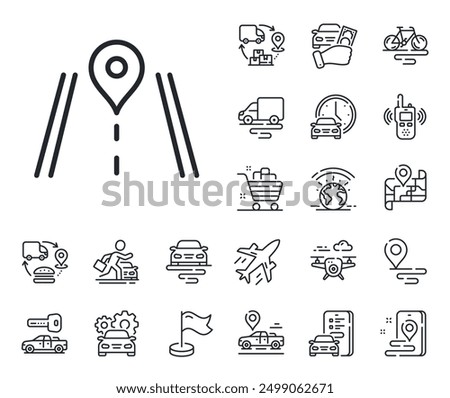 Journey path sign. Plane, supply chain and place location outline icons. Road line icon. Highway route gps symbol. Road line sign. Taxi transport, rent a bike icon. Travel map. Delivery truck. Vector