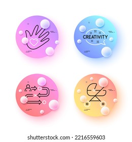 Trayectoria de viaje, Responsabilidad social y Creatividad mínima íconos de línea. botones de esferas o bolas 3d. Iconos del carro del bebé. Para web, aplicación, impresión. Vector