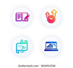 Journey path, Time management and Feedback icons simple set. Button with halftone dots. Graph laptop sign. Project process, Office clock, Book with pencil. Mobile report. Science set. Vector