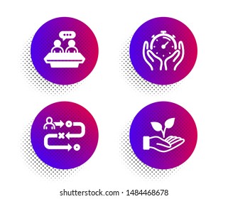 Journey path, Timer and Employees talk icons simple set. Halftone dots button. Helping hand sign. Project process, Deadline management, Collaboration. Startup palm. People set. Vector