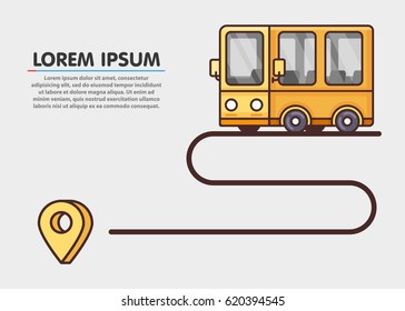 Journey path. Yellow bus and destination. Vector illustration