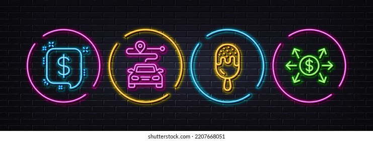 Journey, Payment message and Ice cream minimal line icons. Neon laser 3d lights. Dollar exchange icons. For web, application, printing. Trip distance, Finance, Sundae stick. Payment. Vector
