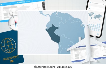 Journey to Peru, illustration with a map of Peru. Background with airplane, cell phone, passport, compass and tickets. Vector mockup.