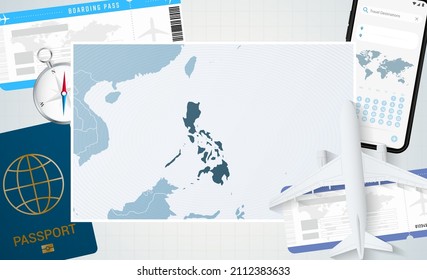 Journey to Philippines, illustration with a map of Philippines. Background with airplane, cell phone, passport, compass and tickets. Vector mockup.