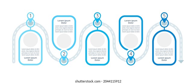 Reiseplan, Vektorgrafik-Vorlage. Design-Elemente der Tour Guide-Präsentation mit Textraum. Visualisierung von Daten in 5 Schritten. Prozesszeitdiagramm. Workflow-Layout mit Kopienraum