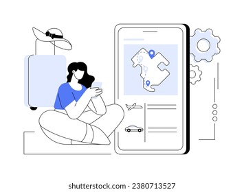 Journey planner abstract concept vector illustration. Woman with smartphone uses journey app for planning vacation, IT technology, application development, software for tourists abstract metaphor.