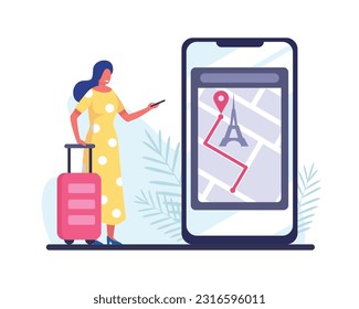 Aplicación de planificación de viajes. Mujer sonriente apoyándose en la maleta mientras dibujaba la ruta hacia el famoso punto de referencia en el mapa digital en el smartphone. Ilustración vectorial plana