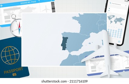 Journey to Portugal, illustration with a map of Portugal. Background with airplane, cell phone, passport, compass and tickets. Vector mockup.