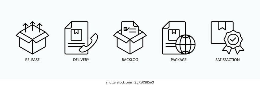 Journey Of Progress Icon Set Isolated Vector With Icon Of Release, Delivery, Backlog, Package, Satisfaction In Outline Style