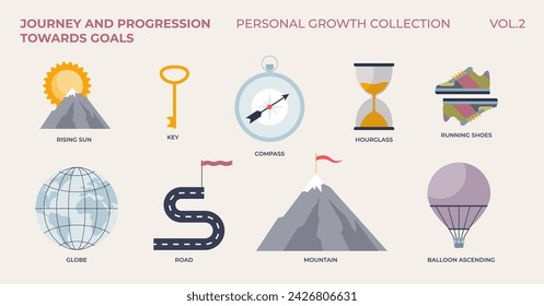 Journey and progression towards goals in personal growth tiny collection. Labeled elements with achievements, successful leadership and ambitions vector illustration. Development and progress vision.