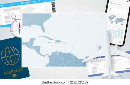 Journey to Puerto Rico, illustration with a map of Puerto Rico. Background with airplane, cell phone, passport, compass and tickets. Vector mockup.