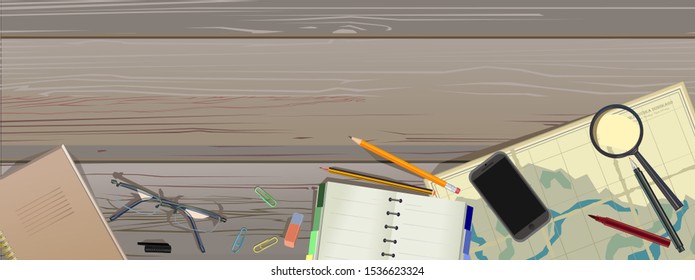 Journey. Rafting. Travel Map, Plotting A Route. Background. Tourism. Items Are Laid Out On Logs Of A Wooden Raft. River Rafting In The Wild. Navigation. Active Extreme Rest. View From Above. Vector.