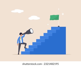 Journey to reach goal or achievement concept. Growth step to success, visionary to see business opportunity or career path, smart businessman looking through telescope for target on top of stairway.